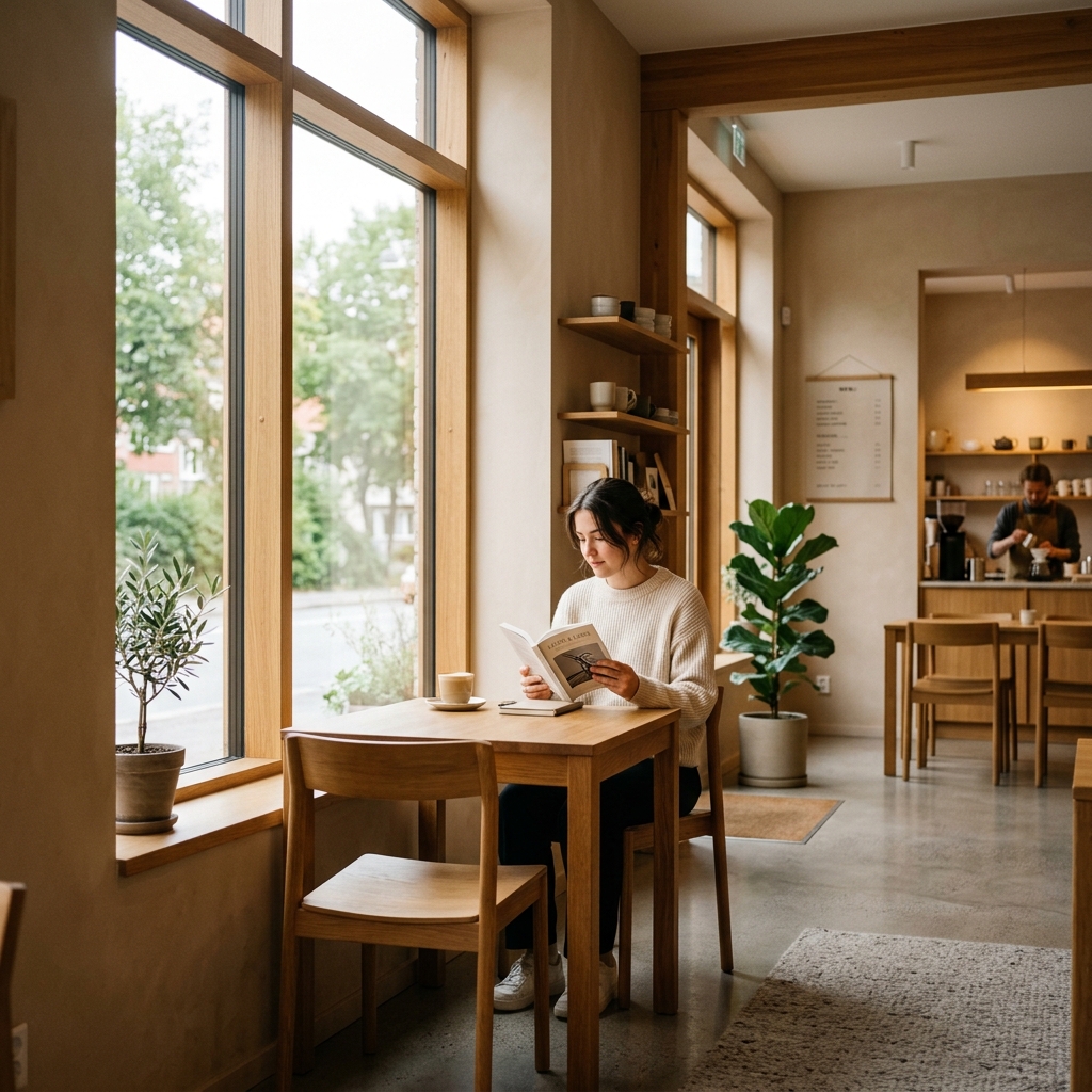 Minimalist café interior with a patron reading by the window