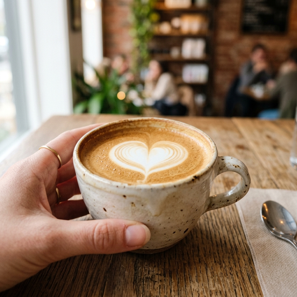Latte art heart in a handmade ceramic cup