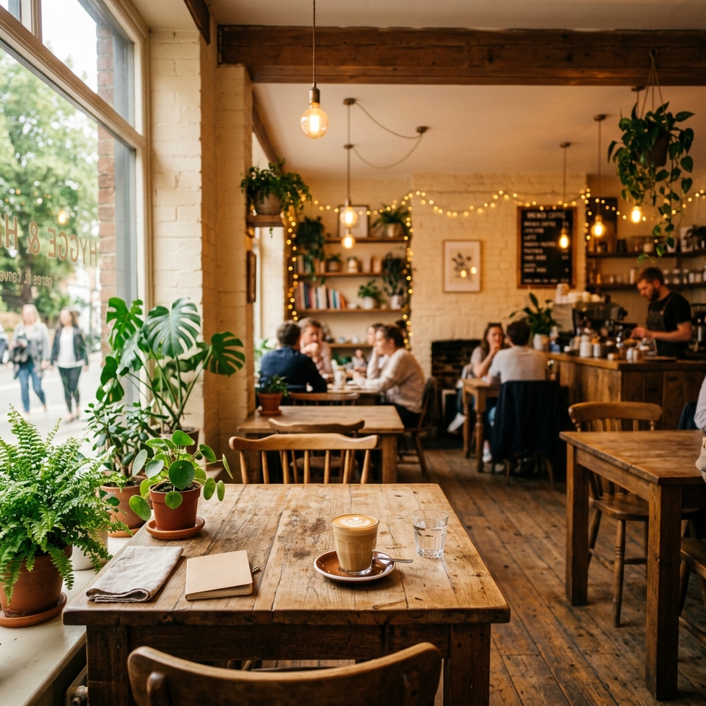 Just Chill Café — cozy interior with warm wooden furniture and plants